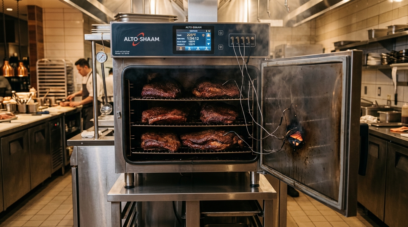 Alto-Shaam 750-SK commercial cook and hold smoker oven loaded with beef briskets and digital probe controls