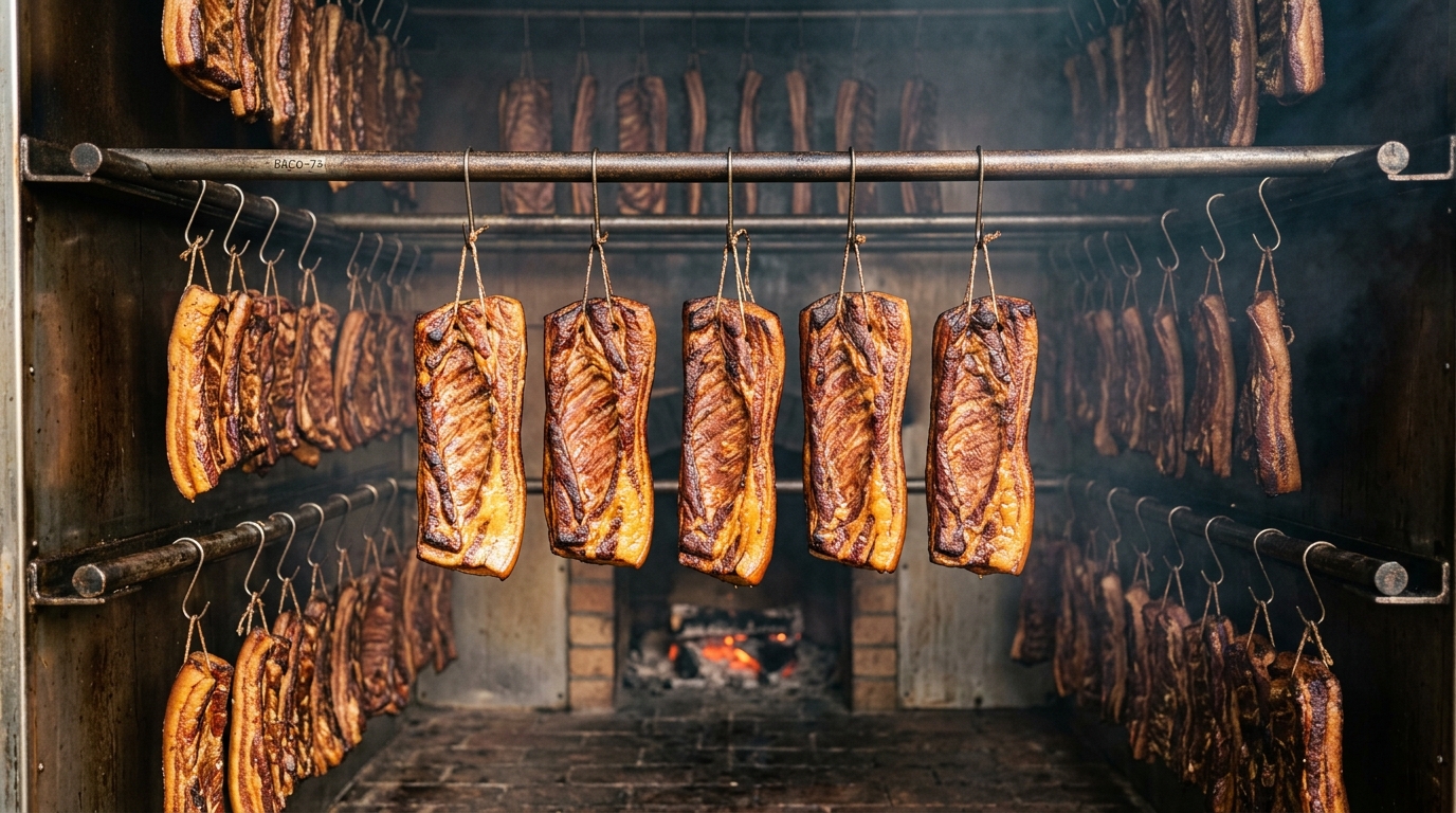 Full pork belly slabs hanging on commercial bacon hooks inside smokehouse chamber