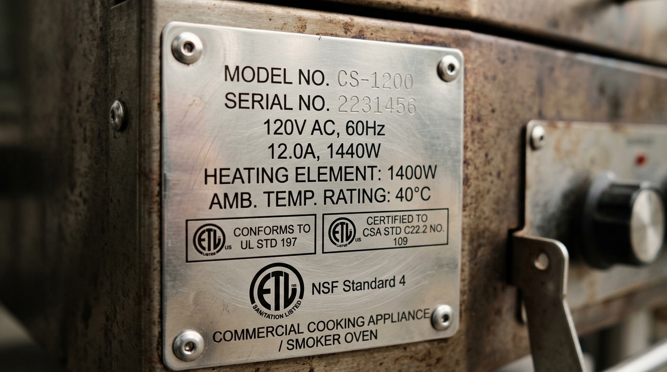 Commercial food equipment nameplate showing UL 197 and ETL Sanitation NSF 4 listing