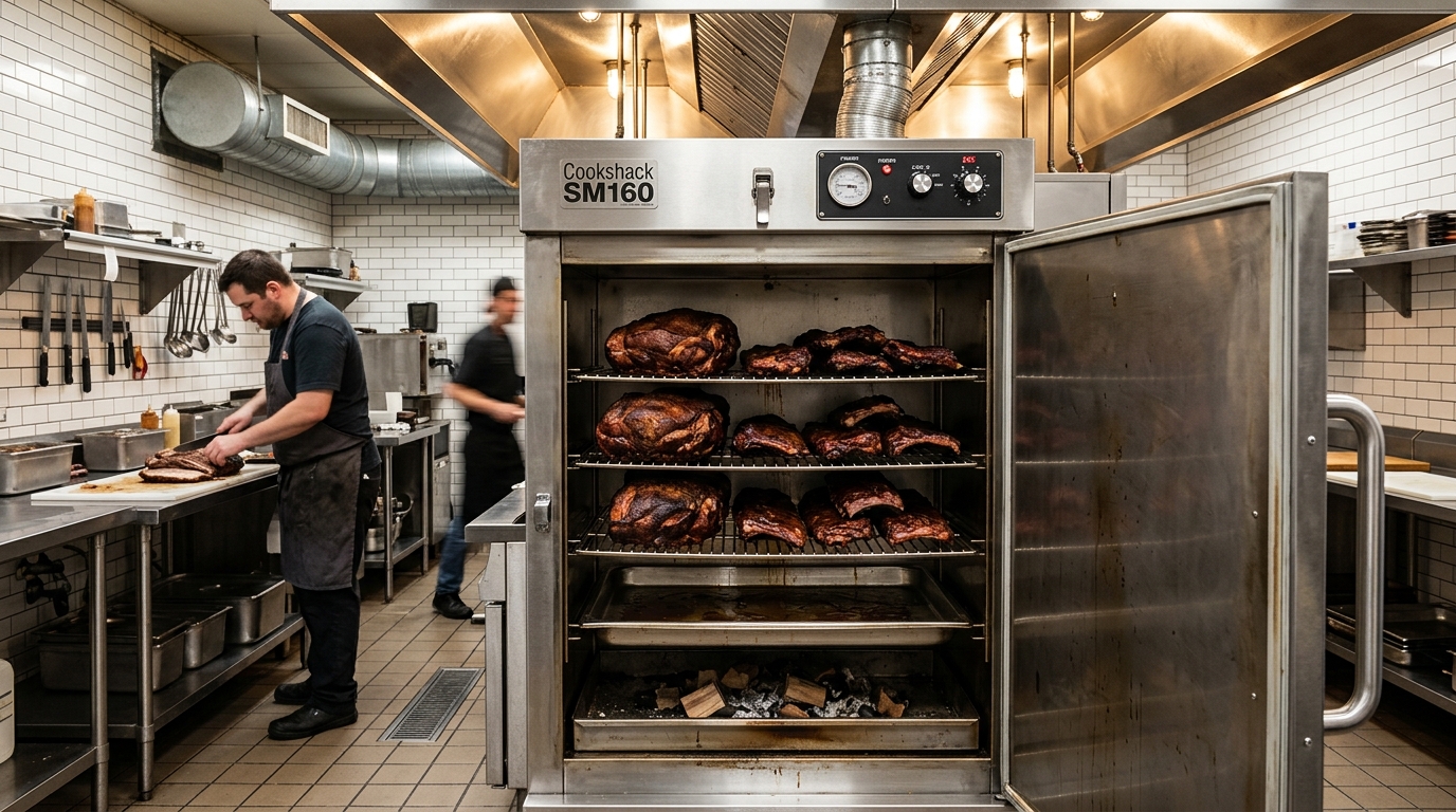 Cookshack SM160 commercial electric smoker under exhaust hood with NSF 4 sanitation certification