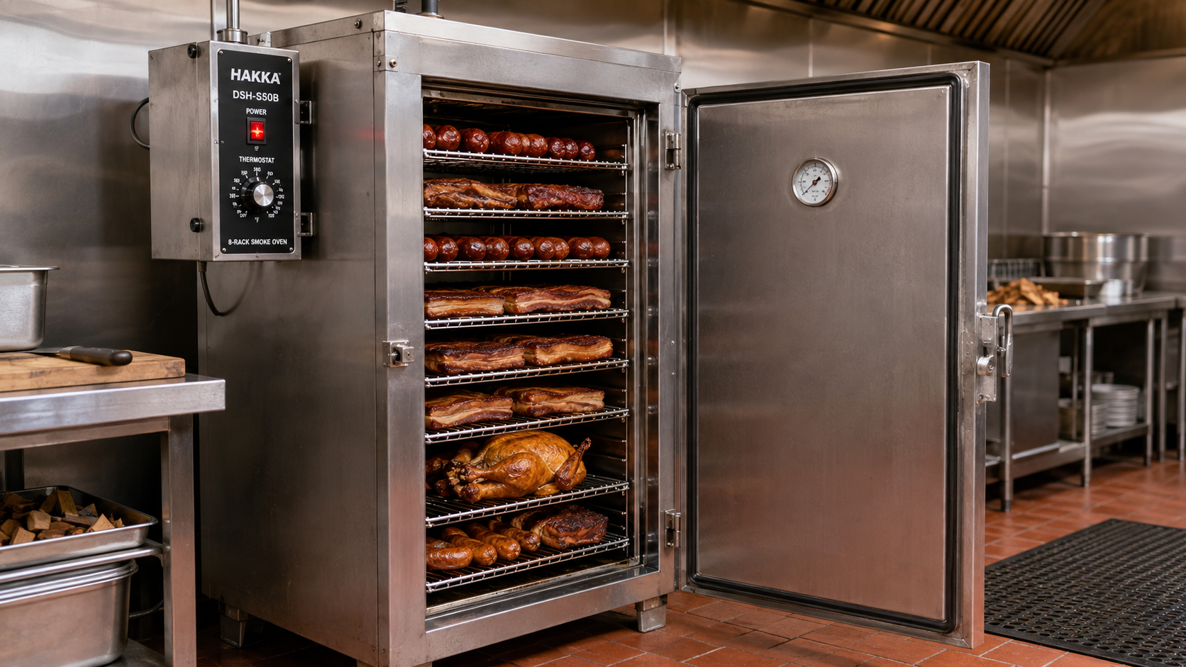 Hakka 8-rack commercial electric smoker cabinet showing 1.75 inch rack spacing
