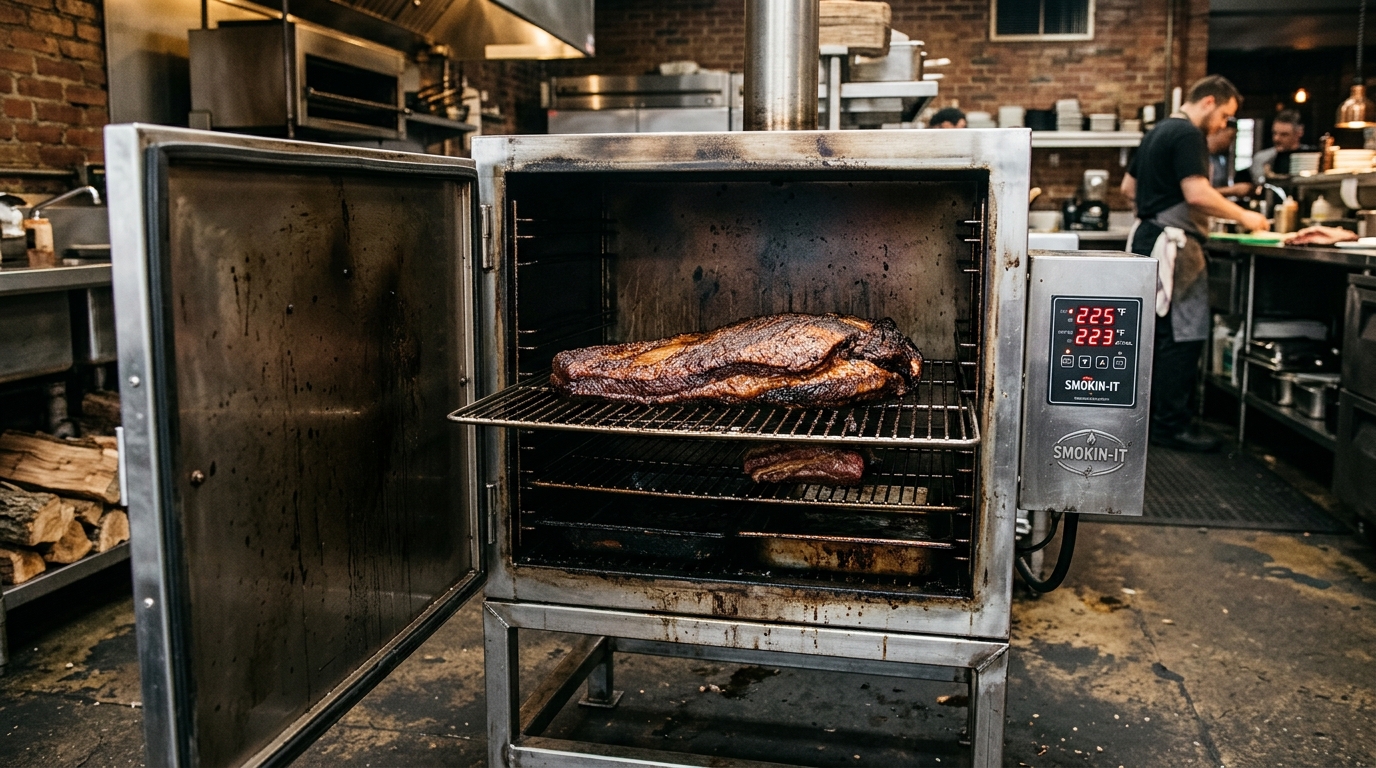 Smokin-It Model 3D commercial electric smoker with 16 lb whole packer brisket flat-laid on 21.5-inch deep shelf