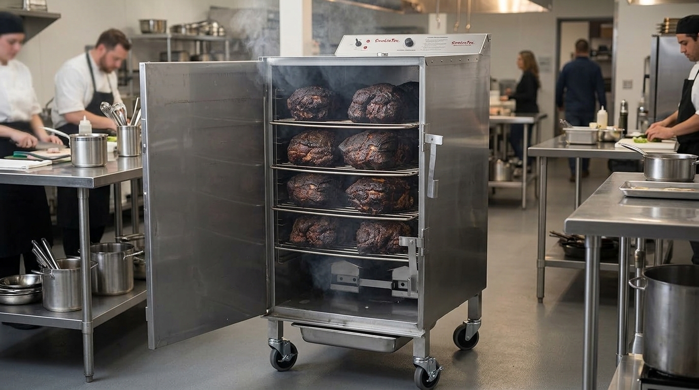 SmokinTex 1500-CXLD commercial electric smoker in restaurant kitchen loaded with 5 pork butts on stainless racks