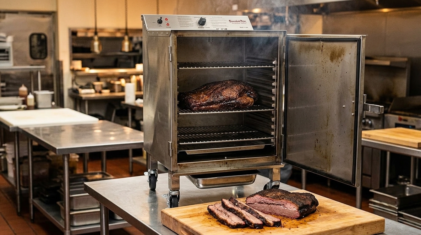 SmokinTex Pitmaster compact commercial electric smoker on stainless kitchen prep table next to smoked brisket