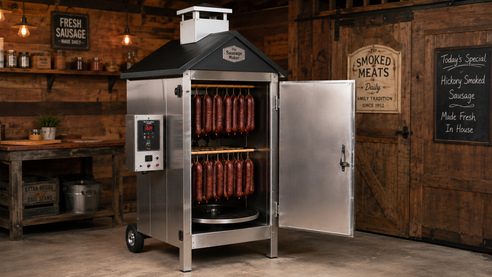 The Sausage Maker 30 lb Digital Smoker with hanging sausages and PID controller